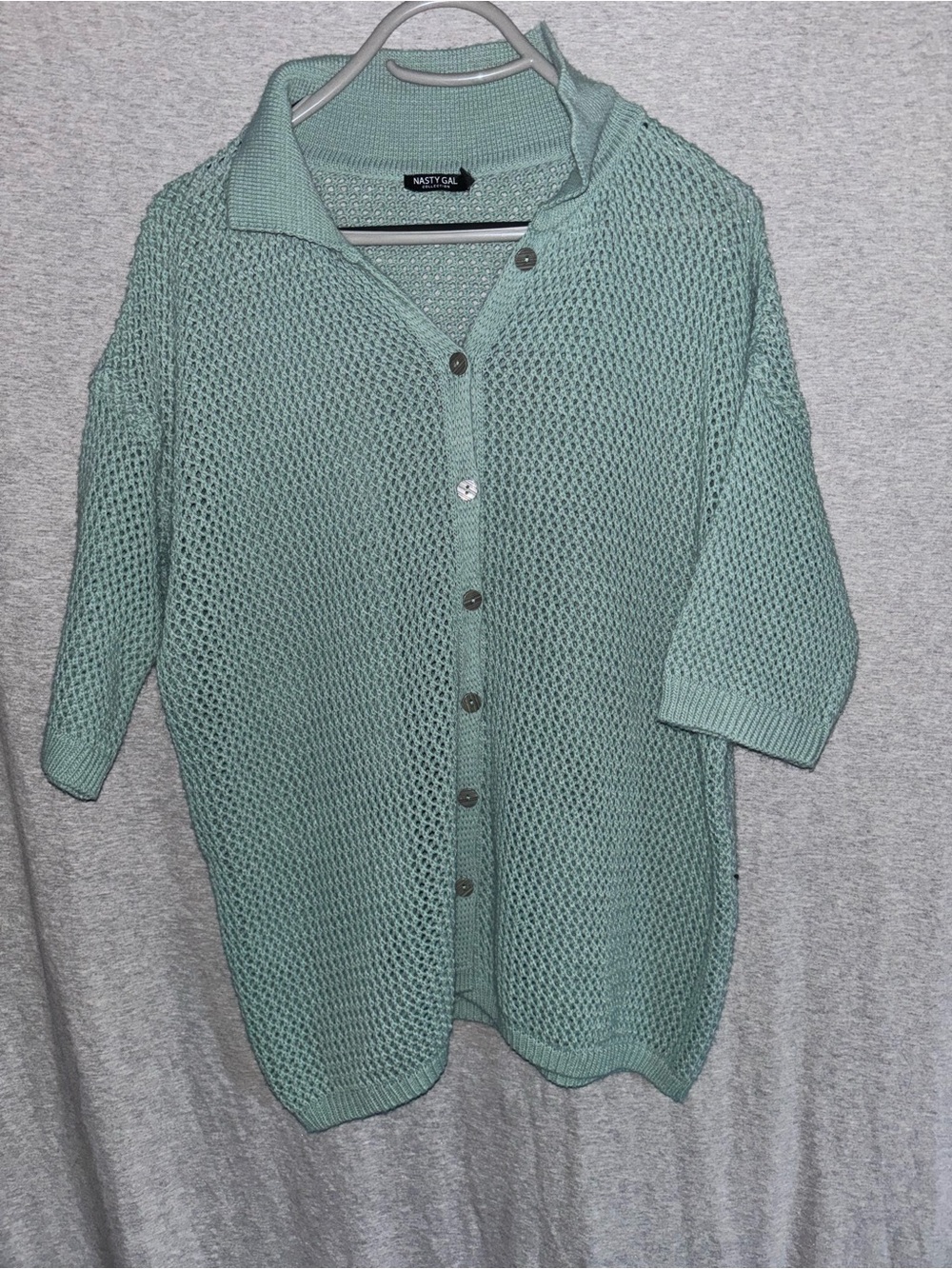 Nasty Gal Mint Green Open-Knit Button-Up Cardigan